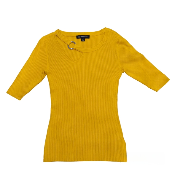 I.N.C Ribbed Short Sleeve Gold Sweater NWT Size Petite Petite - Picture 1 of 8